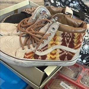 Vans Mid-Top Sneakers in Tan, Brown, Yellow Aztec Pattern